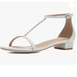 XYD White T-Strap Buckled Sandals Low Chunky Heel Open Toe Summer Comfy Shoes